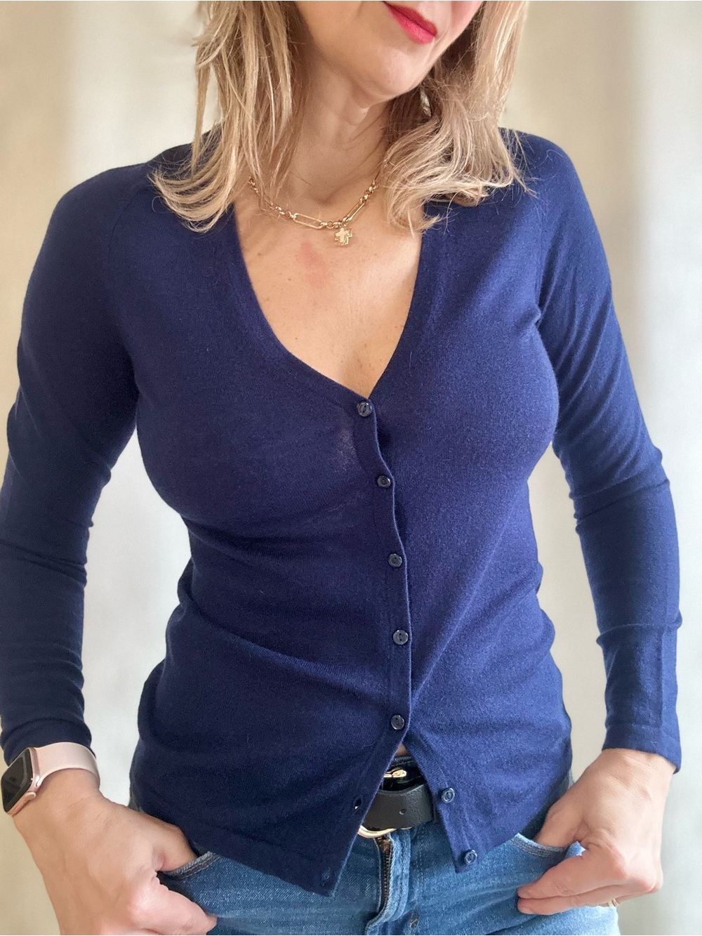 Lord & Taylor Deep Blue V-Neck Button cashmere Cardigan XS